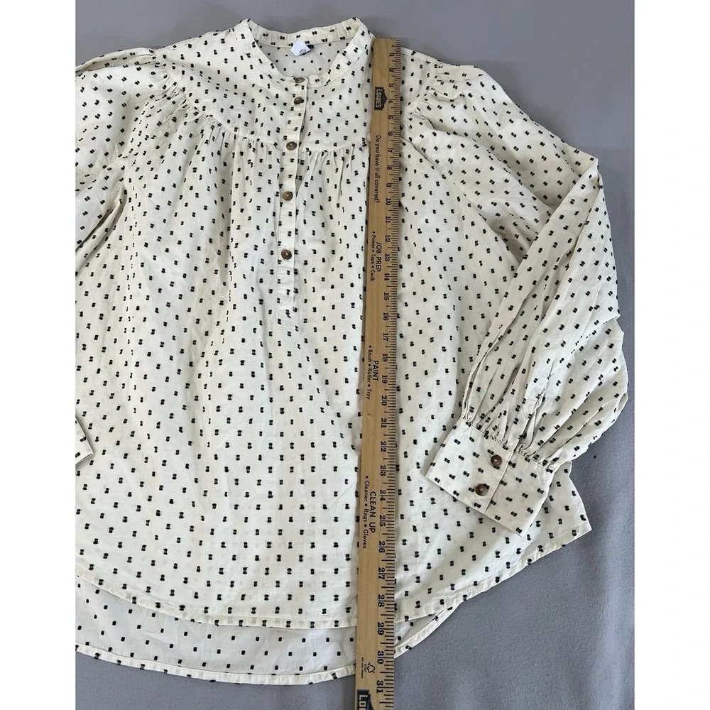 Old Navy Blouse Women's XL Tall Cream Black Swiss Dot Henley Long Sleeve Top